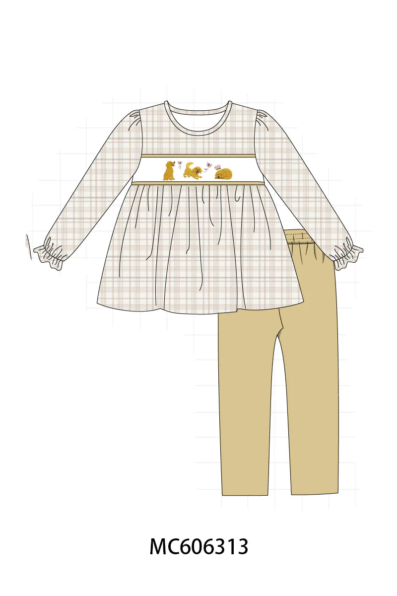 PO95 Brown puppy embroidery plaid collection - Girl Pant Set