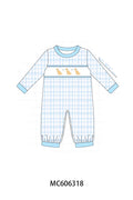PO95 Blue puppy embroidery plaid collection - Boy Romper