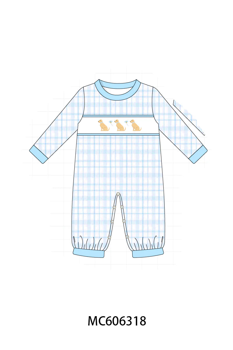 PO95 Blue puppy embroidery plaid collection - Boy Romper