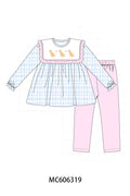 PO95 Blue puppy embroidery plaid collection - Girl Pant Set
