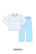 PO95 Blue puppy embroidery plaid collection - Boy Pant Set