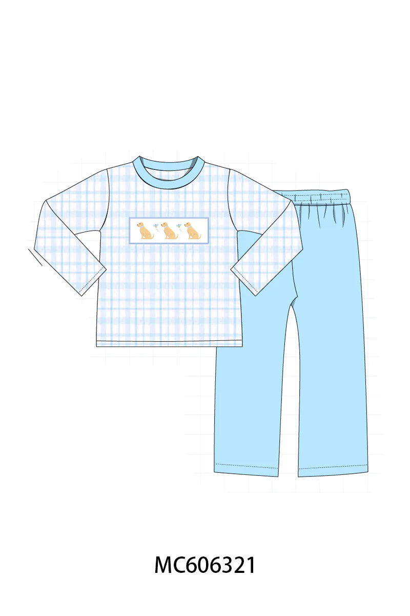 PO95 Blue puppy embroidery plaid collection - Boy Pant Set