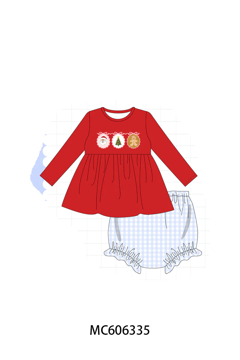 PO95 Red christmas santa tree gingerbread applique collection - Bloomer Set