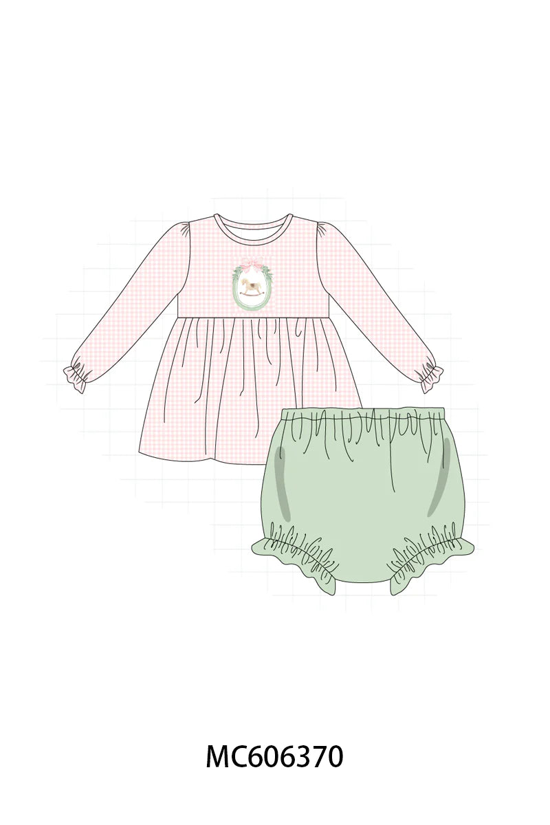 PO95 Pink christmas horse embroidery gingham collection - Bloomer Set