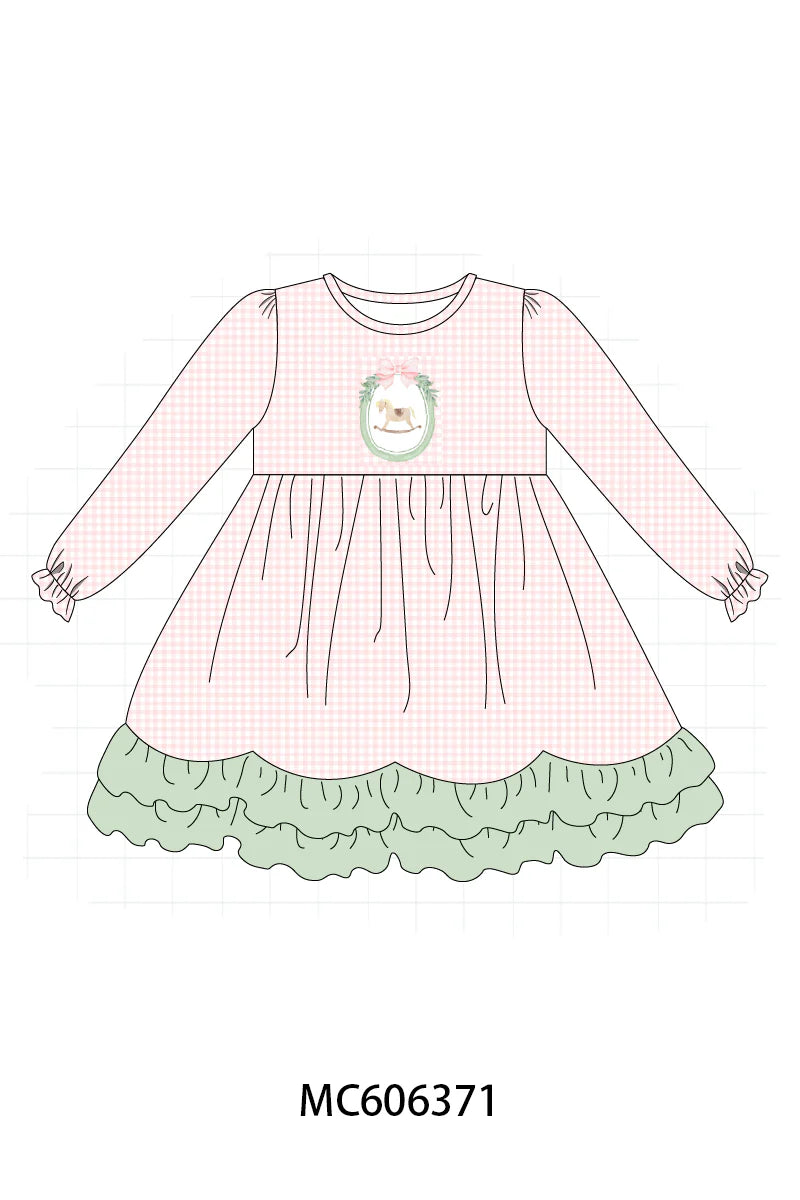 PO95 Pink christmas horse embroidery gingham collection - Dress