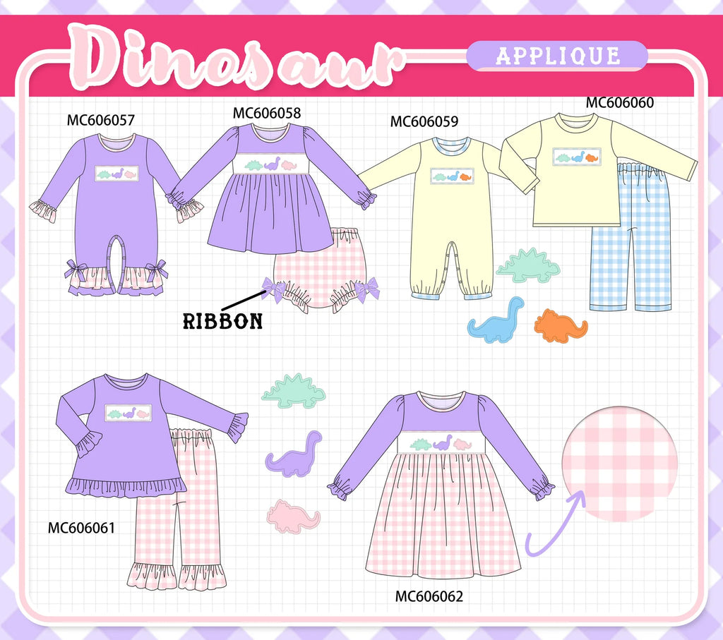 PO95 Purple&mustard dinosaur applique gingham collection - Dress