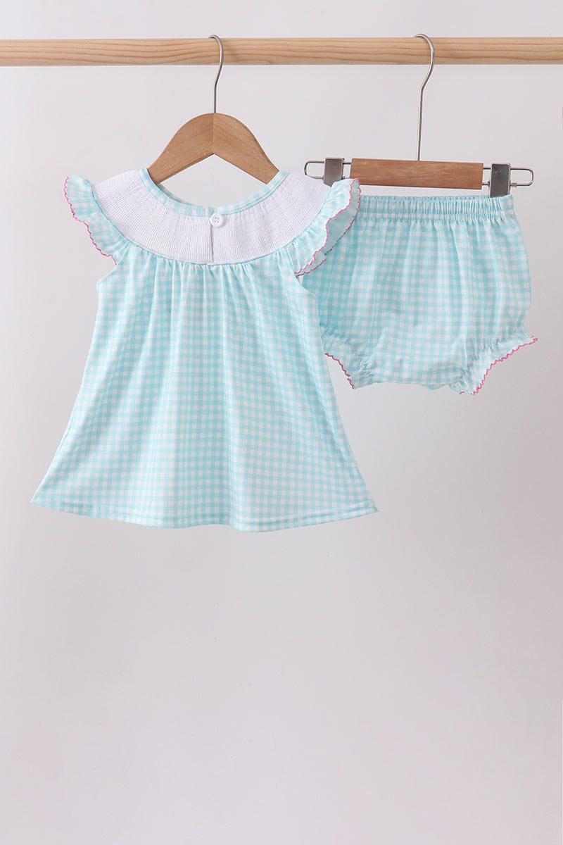 BLUE UMBRELLA SMOCKED BLOOMER SET