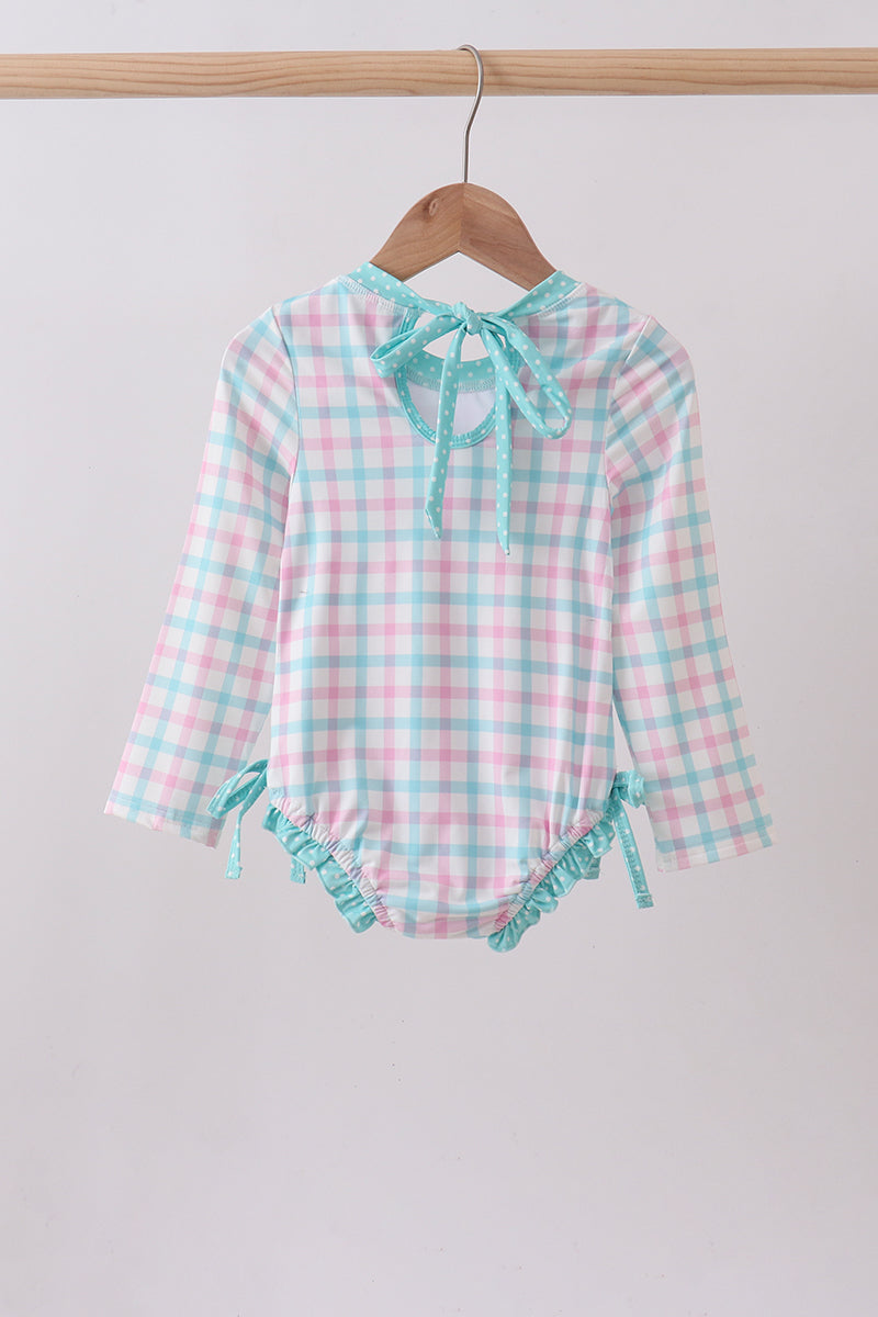 GREEN PLAID HORSE APPLIQUE RASHGUARD