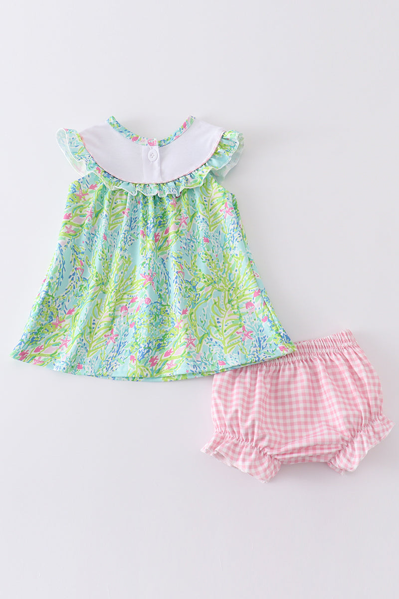 GREEN TURTLE EMBROIDERED BLOOMER SET