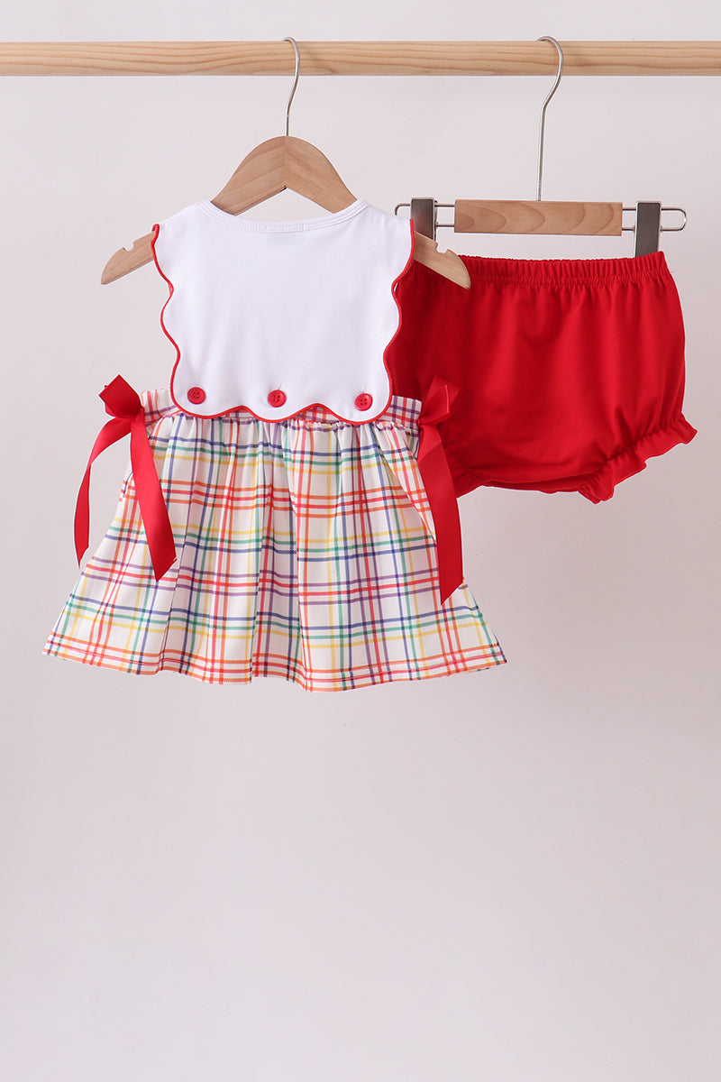 RED ABC EMBROIDERED PLAID BLOOMER SET