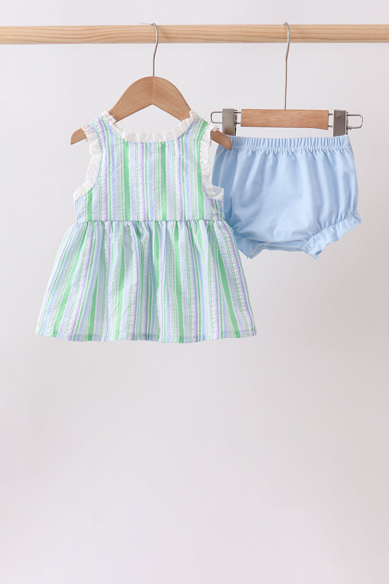 GREEN STRIPE SMOCKED BOW SEERSUCKER BLOOMER SET
