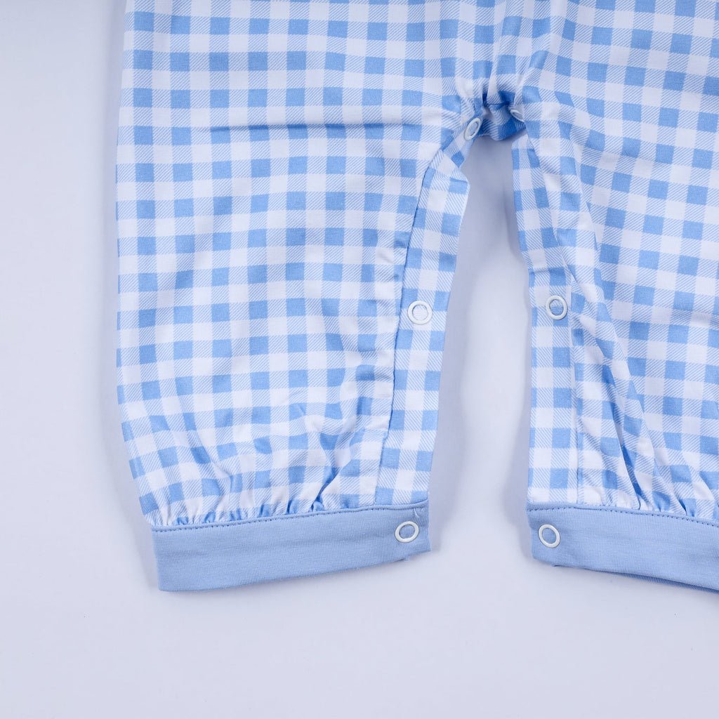 BLUE GINGERBREAD HAND SMOCKED GINGHAM ROMPER