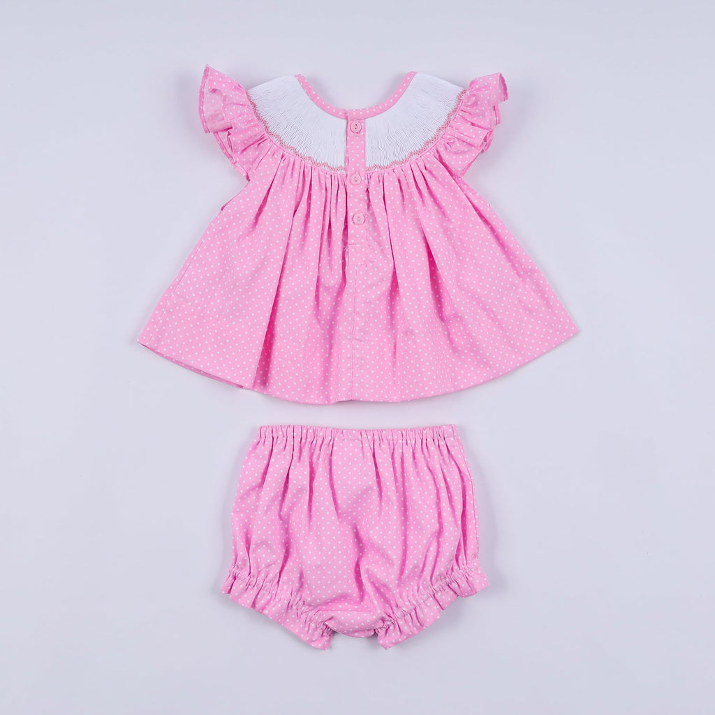 PINK CHARACTER HAND SMOCKED DOT RUFFLE BLOOMER SET
