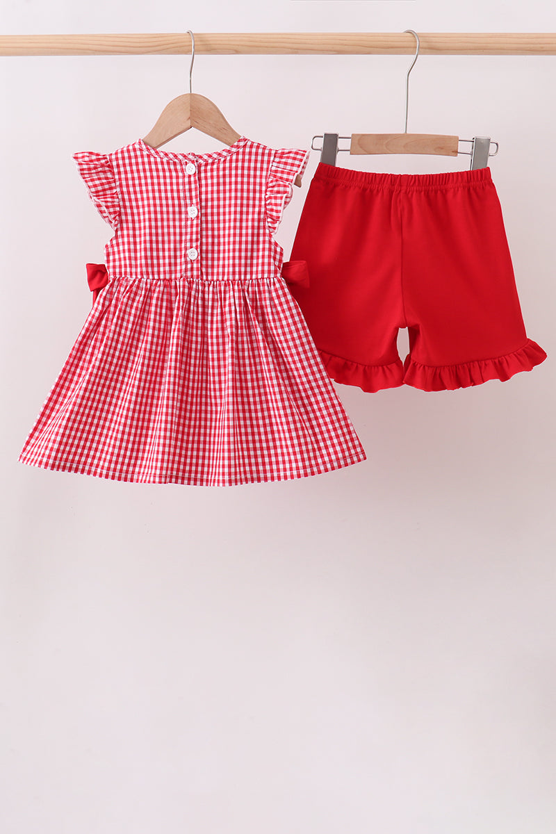 RED APPLE BOW SMOCKED GINGHAM RUFFLE SHORTS SET