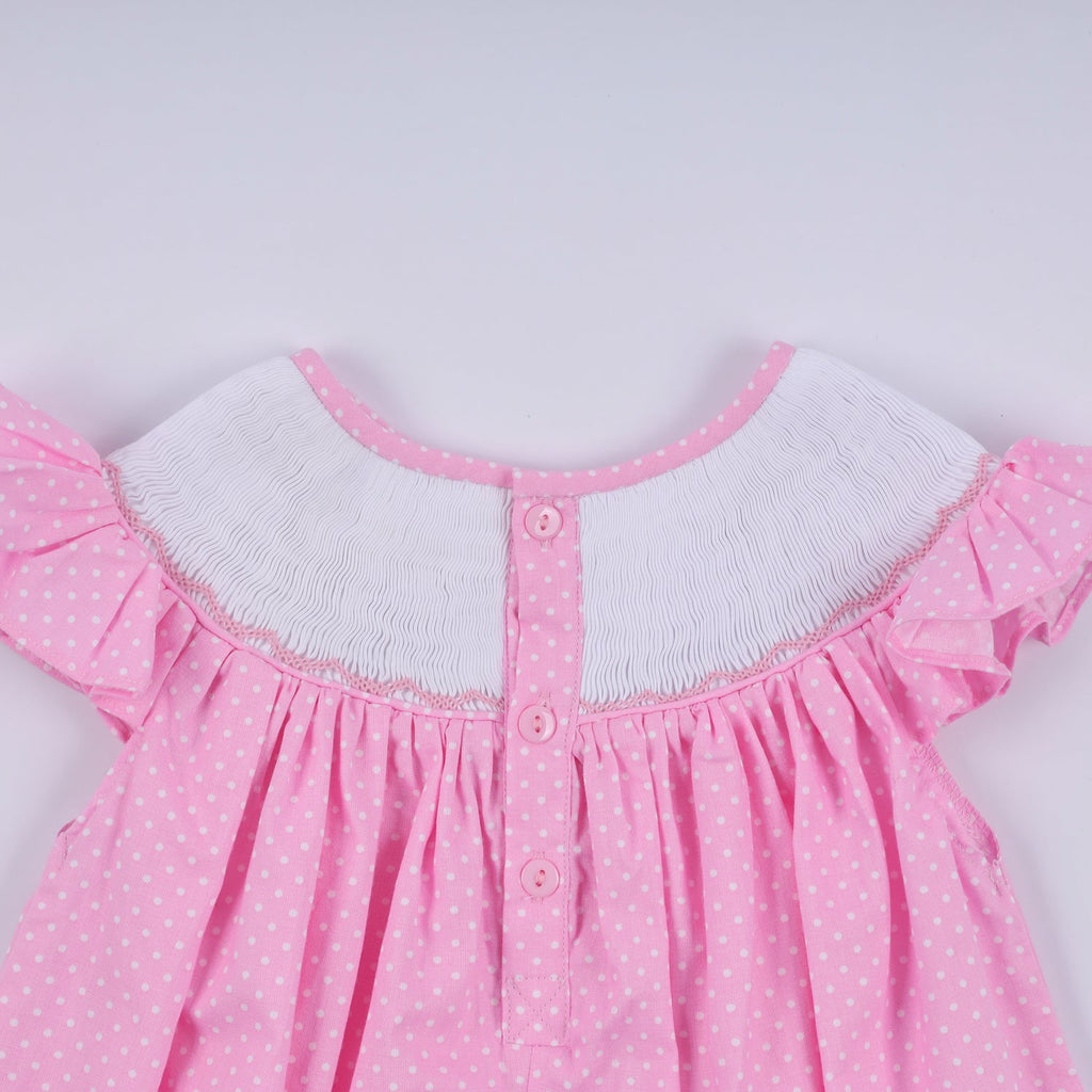 PINK CHARACTER HAND SMOCKED DOT RUFFLE DRESS