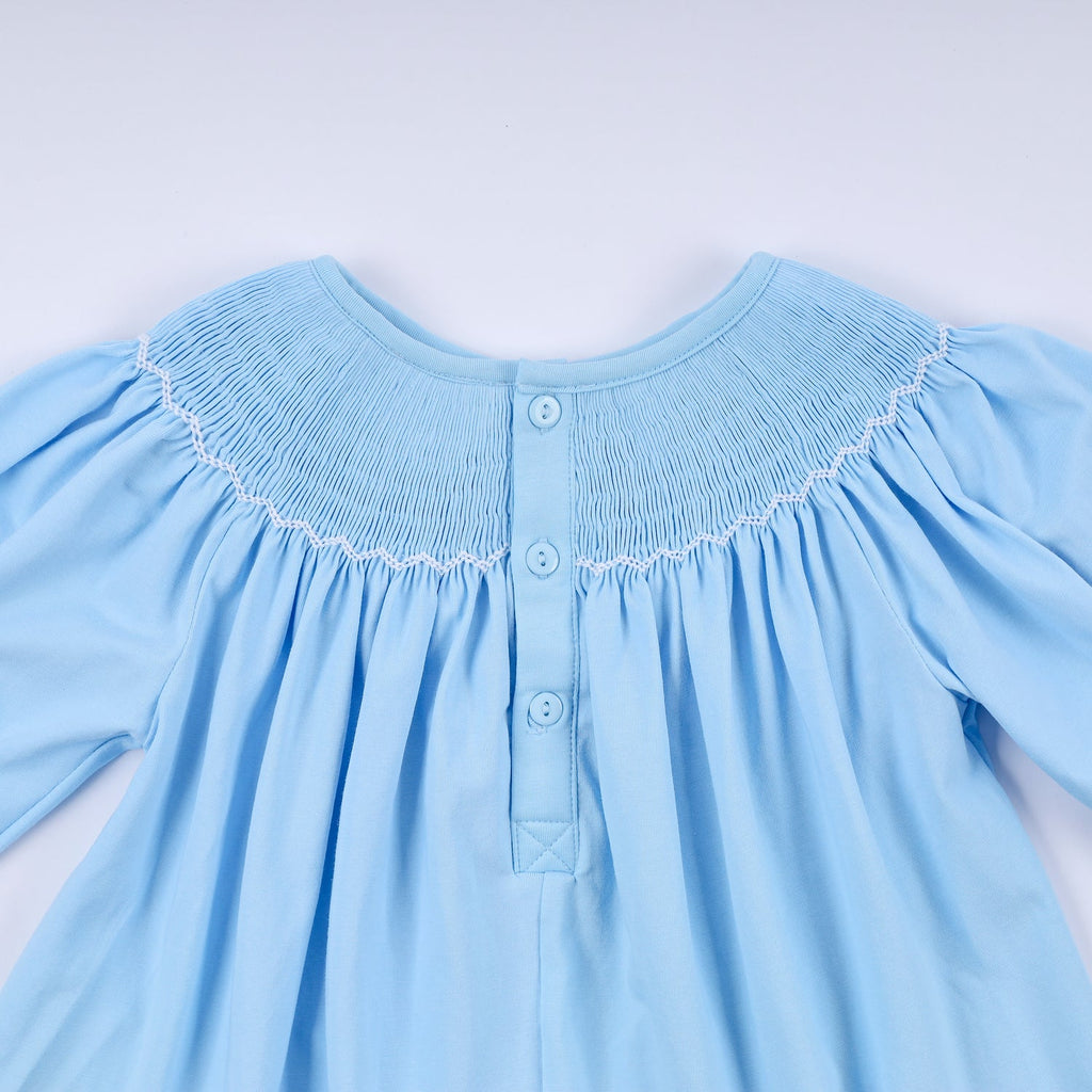 BLUE NATIVITY HAND SMOCKED RUFFLE PANTS SET