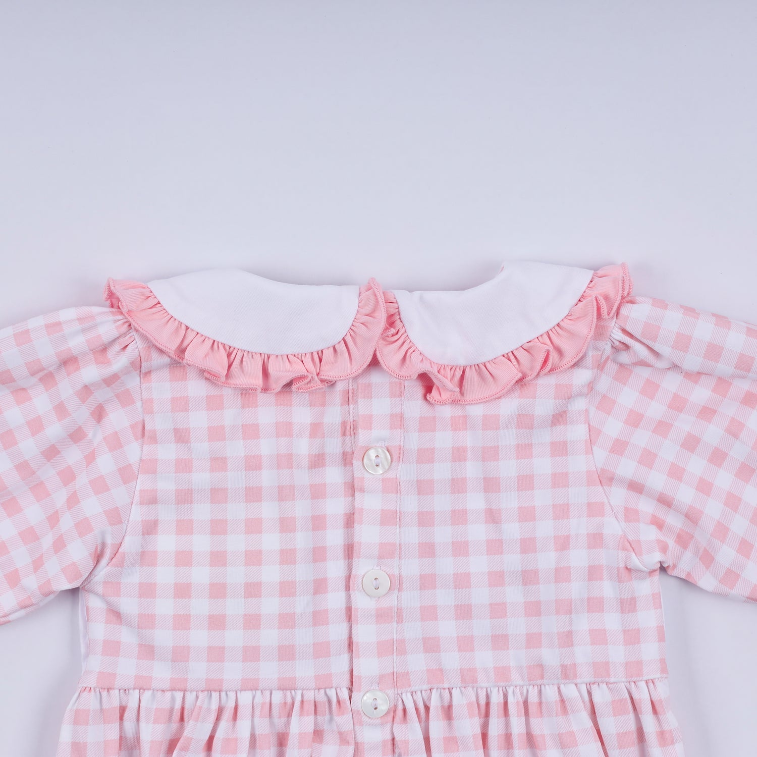 PINK GINGERBREAD HAND SMOCKED GINGHAM RUFFLE BUBBLE